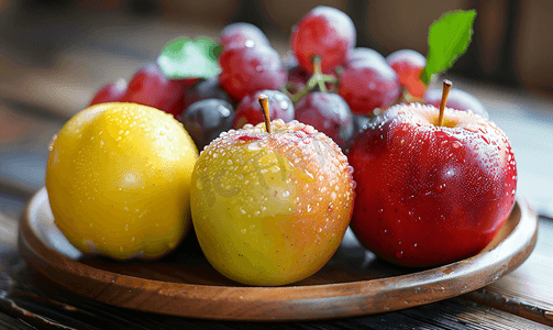 木质背景上的苹果、李子和葡萄刚洗在盘子上