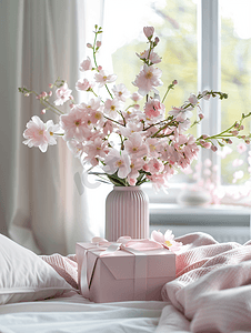 感谢有你相随摄影照片_床边的床头柜上放着粉色盒子礼物和花瓶上面放着春花斯堪的纳维亚风格内饰