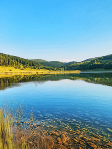 湖畔小提琴摄影照片_夏季风景照片中平静的湖面和丘陵的河岸