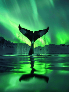 鲸鱼尾巴在北极光背景下垂下