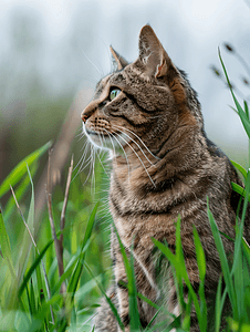 杂种摄影照片_绿草中的流浪虎斑猫