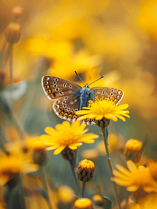 金翼标题框摄影照片_棕色阿古斯在艾菊花小棕蝶
