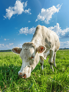 美丽的大奶牛在蓝天下的绿色草地上吃草