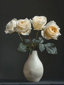 深色背景中旧白色陶瓷花瓶中的四朵玫瑰