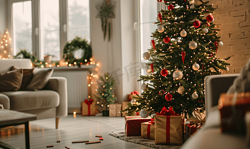 沙发椅样品摄影照片_明亮通风的客厅里配有礼物、灯光和沙发的圣诞树