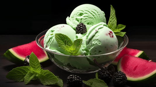 球冰淇淋背景图片_夏天冰饮抹茶冰淇淋球和西瓜背景图