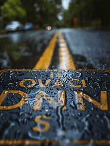 正宗黄焖鸡摄影照片_被雨滴覆盖的单行道标志