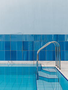 边框字幕条摄影照片_游泳池角落有大理石边框、蓝色陶瓷墙和泳池梯子