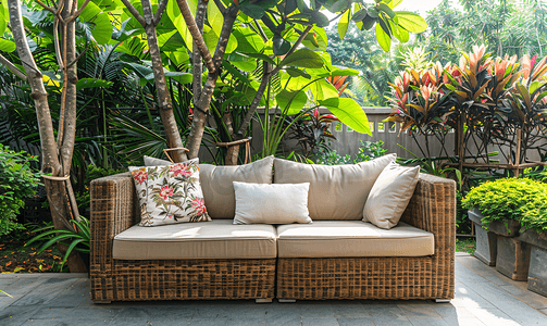 沙发椅样品摄影照片_家庭花园中的现代柳条花园沙发或双人沙发