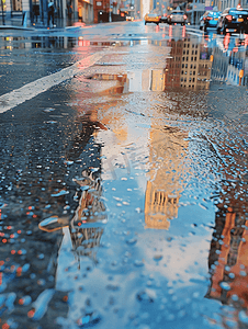 雨后的纽约街道湿沥青上的倒影