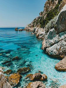 天蓝色的建筑摄影照片_意大利撒丁岛的大海岩石上有画廊