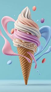 樱桃冰淇淋杯背景图片_夏日冷饮蓝粉色奶油冰淇淋设计