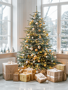 明亮通风的客厅里摆着礼物和灯光的圣诞树