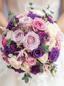 紫色和粉色玫瑰新娘花束