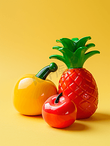 可爱卡通装饰摄影照片_黄色背景中的多色塑料玩具水果