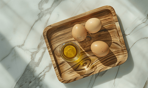 桌上木托盘上的鸡蛋和油罐的顶视图