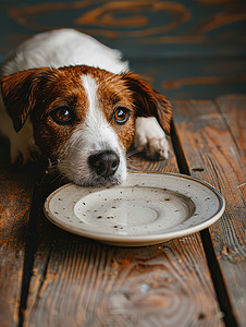 一只狗在空的餐盆前摄影配图