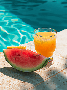 夏天在我们周围游泳池附近有红熟的西瓜片和一杯橙汁