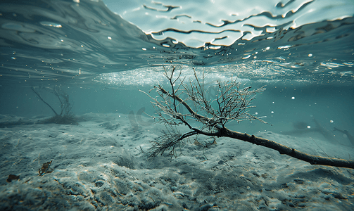 冬天树枝从水下伸出
