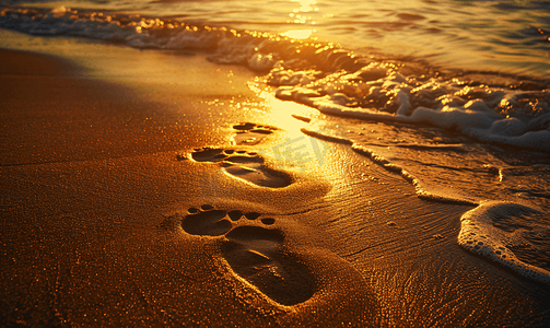 日落时分沙滩上的脚印岸上的脚印