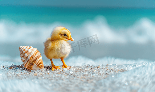 白色沙滩上的小黄鸡和贝壳