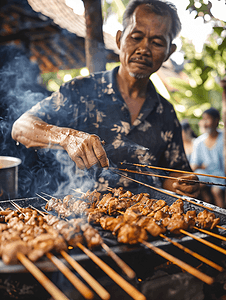 巴厘岛猪肉沙爹制作过程的照片