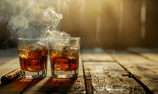 木桌上的威士忌杯、雪茄和冰块