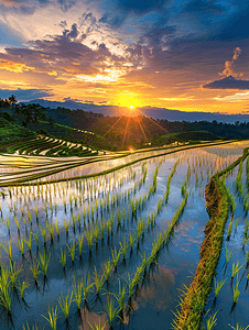 阳光水稻摄影照片_稻田上的夕阳