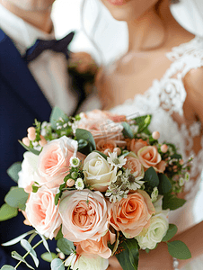 奢华玫瑰摄影照片_新娘和新郎在婚礼仪式上近距离