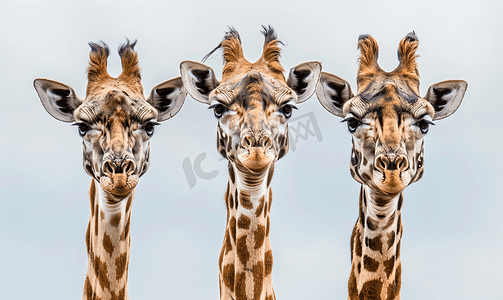 坦桑尼亚三只长颈鹿在天空背景中特写肖像