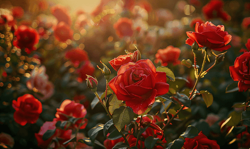 花坛上长着美丽的红玫瑰照片是在傍晚的灯光下拍摄的
