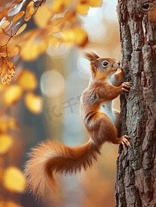 秋日里欧亚红松鼠爬树的画像