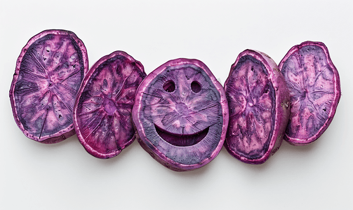 签到笑脸墙摄影照片_白色背景上挂着紫薯干的笑脸