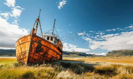 冰岛最古老的钢船被遗弃在冰岛西峡湾的草丛中锈迹斑斑