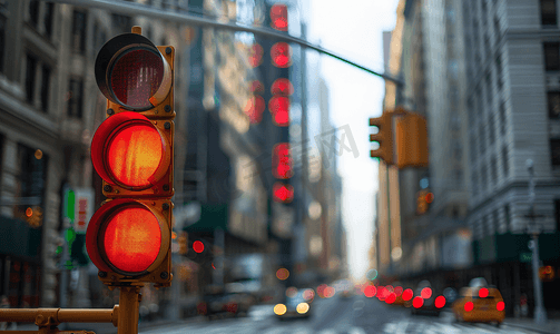 人生路口摄影照片_纽约十字路口的红色交通灯