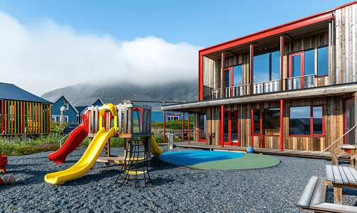 自然教育摄影照片_有游乐场和五彩缤纷的沼泽的现代格陵兰幼儿园