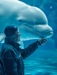 白鲸海豚摄影照片_白鲸水族馆与训练师特写细节