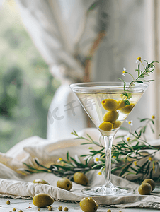 一杯马提尼酒和橄榄泉装饰