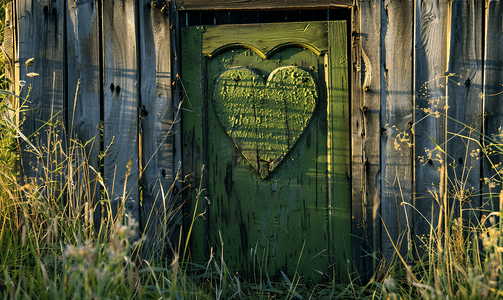 旧木厕所门上的心形绿色厕所在田野上户外休闲