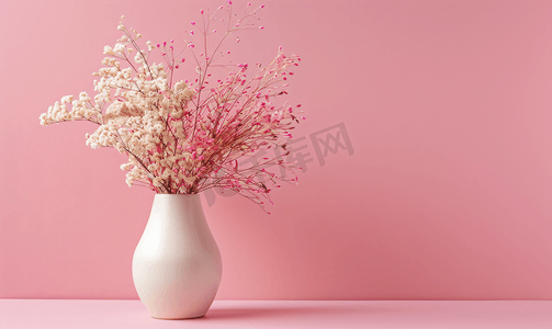 粉红色桌子上的花瓶里放着一束干植物