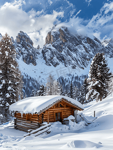 白云岩积雪覆盖的木屋小屋