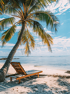 阳光明媚的日子热带海洋海滩上的木制露台摇篮日光浴床和棕榈树