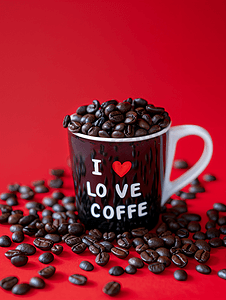 咖啡豆红色摄影照片_一个杯子里面装满了红色背景的咖啡豆上面写着“我爱咖啡”