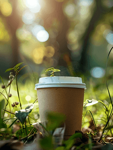自然晨间背景中的纸杯咖啡