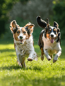 快乐的可卡犬与边境牧羊犬在绿草中奔跑