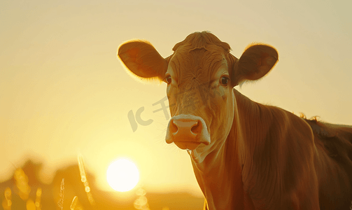 夕阳下的牛抬头仰望天空