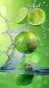 水果绿色清新背景图片_清新夏日喷溅水花冰块水果柠檬设计