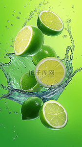 清新夏日喷溅水花冰块水果柠檬背景图片