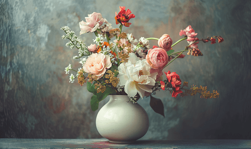 花瓣元素摄影照片_垂直格式深色背景中旧白色陶瓷花瓶中的花朵