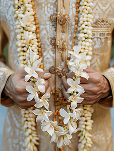新郎手拿茉莉花和木兰花项链传统婚礼仪式